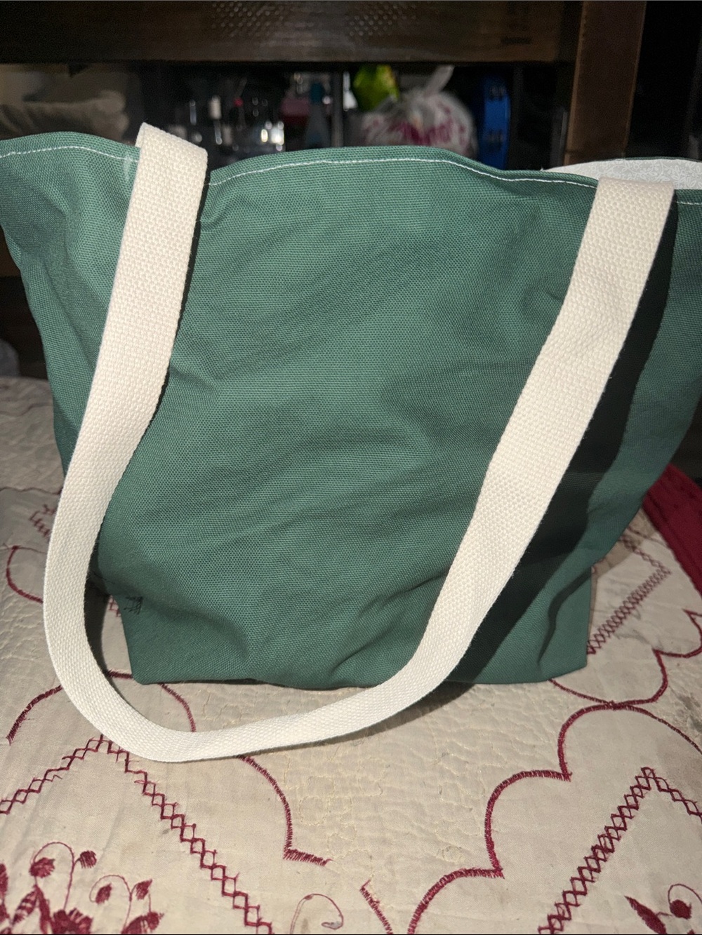 Classic Green Canvas Tote with Cream Shoulder Straps handmade tote bag